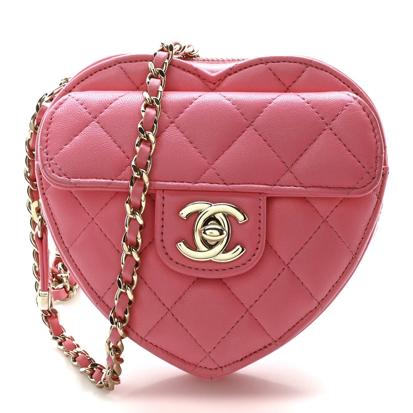 Lambskin Quilted CC In Love Heart Clutch With Chain Pink