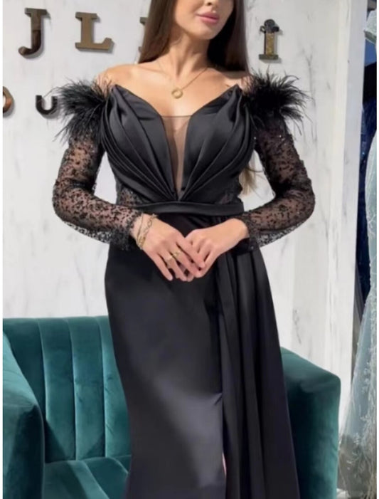 A-Line Evening Gown Party Dress Black Dress Formal Sweep / Brush Train Long Sleeve Off Shoulder Sequined with Feather Pleats Slit 2026