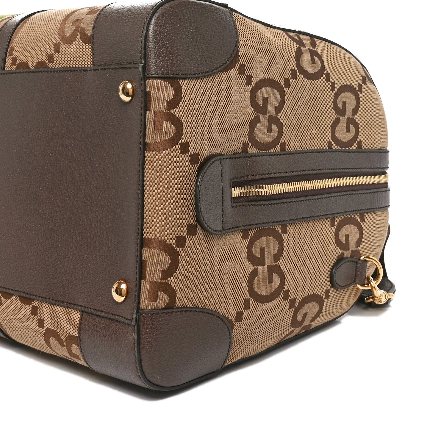 Monogram Jumbo GG Textured Dollar Calfskin Web Large Duffle Bag Camel Ebony