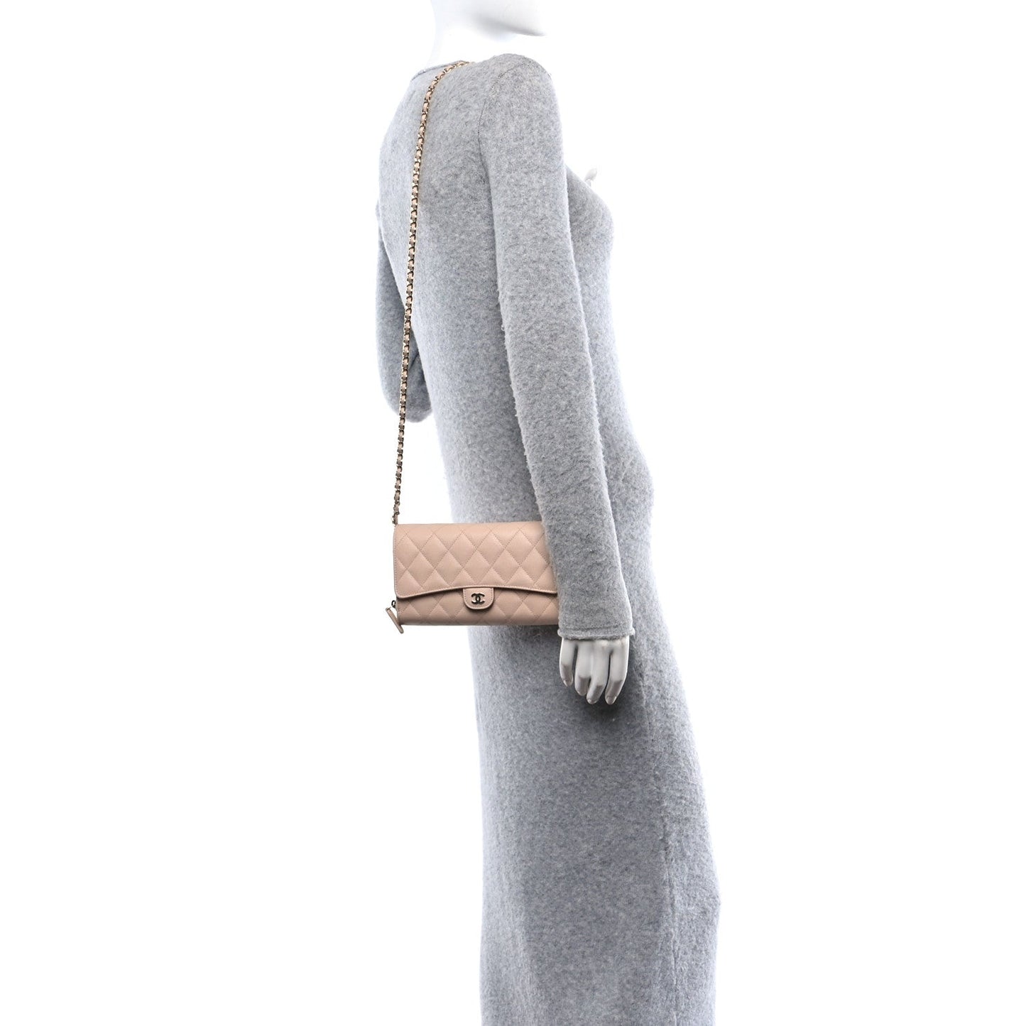 Caviar Quilted Phone Holder Wallet on Removable Chain Light Beige