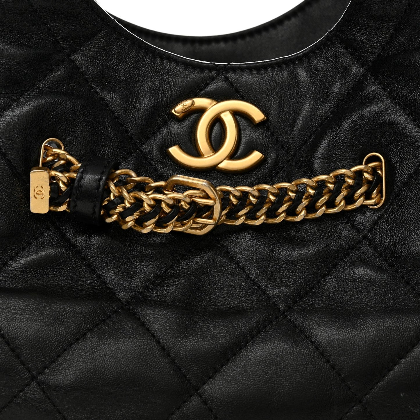 Shiny Lambskin Quilted CC Belt Shopping Bag Black