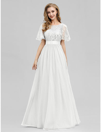 A-Line Prom Dresses Empire Dress Wedding Guest Prom Floor Length Short Sleeve Jewel Neck Bridesmaid Dress Tulle with Sequin Appliques