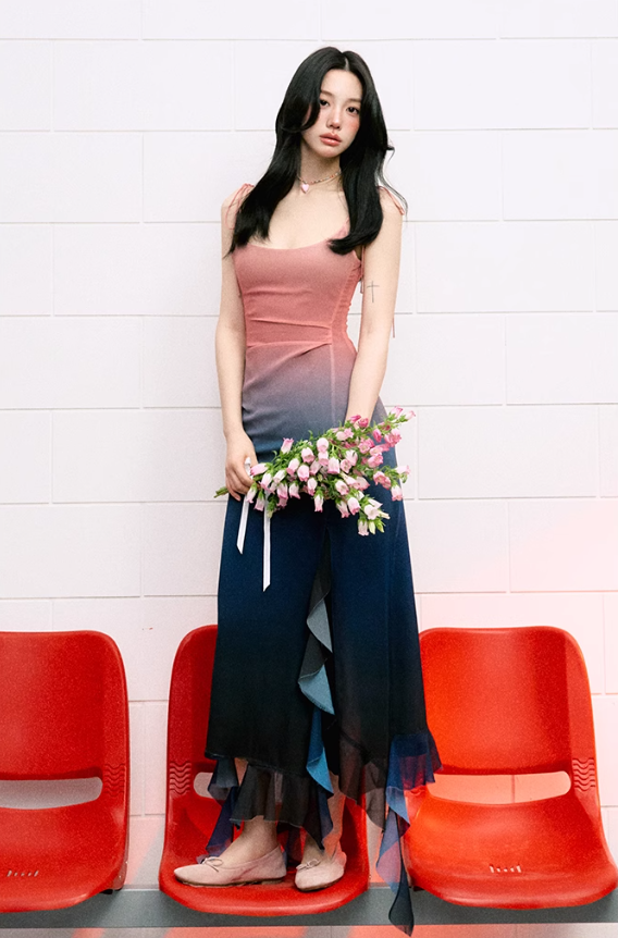 Design suspender dress high waist summer waist slimming gradient irregular long skirt R3328
