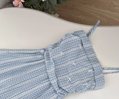 Blue plaid lace slim high-end detachable suspender tube top long dress R0298