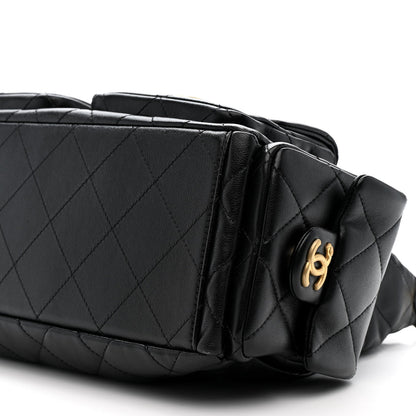 Shiny Lambskin Quilted Trendy Pockets Hobo Black