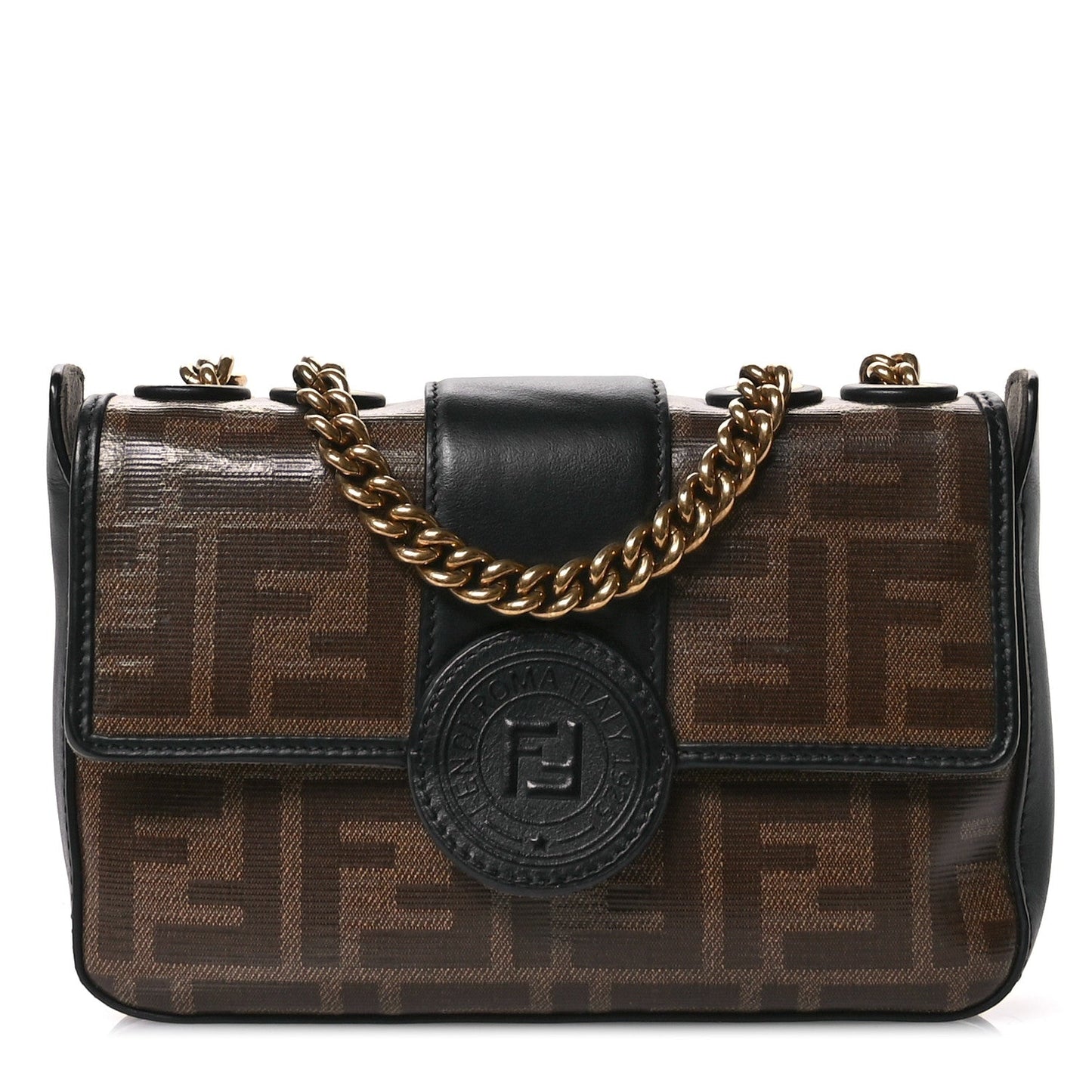 Glazed Fabric Vitello Century FF 1974 Stamp Patch Mini Double F Crossbody Bag Mogano Panna Black
