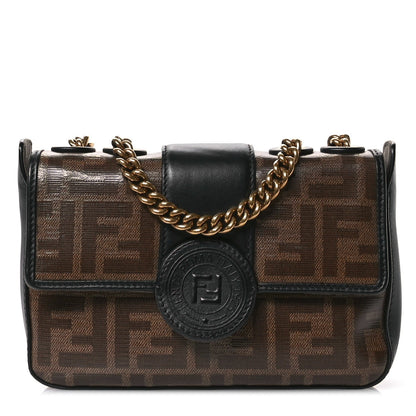 Glazed Fabric Vitello Century FF 1974 Stamp Patch Mini Double F Crossbody Bag Mogano Panna Black