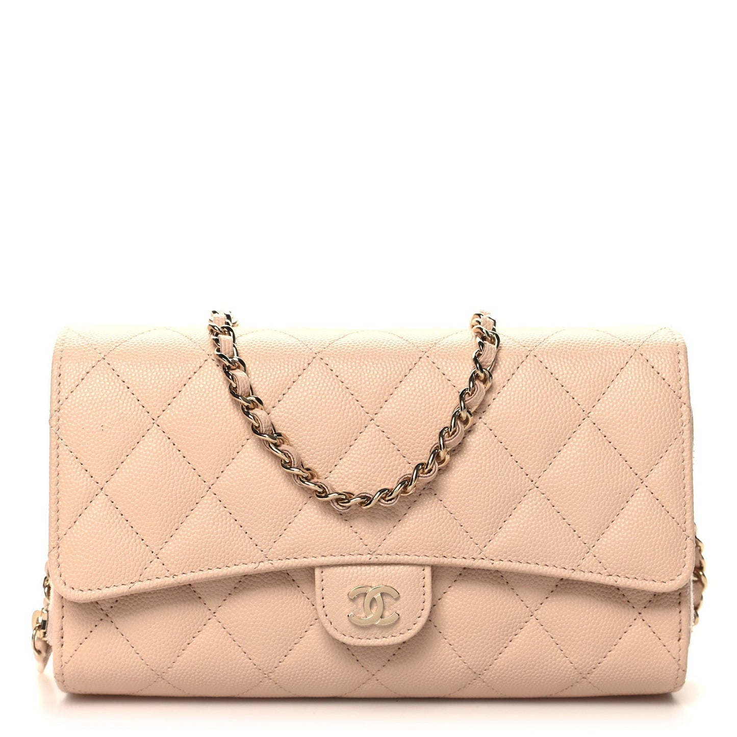 Caviar Quilted Phone Holder Wallet on Removable Chain Light Beige