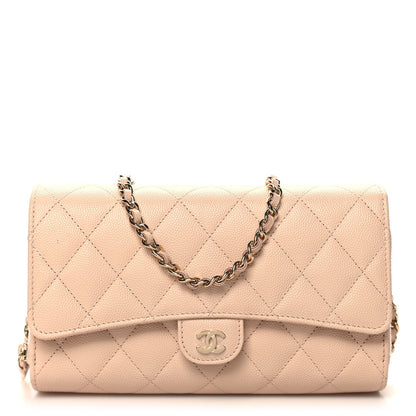 Caviar Quilted Phone Holder Wallet on Removable Chain Light Beige