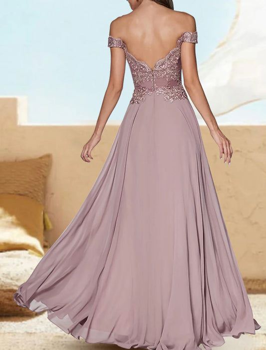 A-Line Evening Gown Luxurious Dress Formal Wedding Guest Floor Length Short Sleeve Off Shoulder Chiffon with Appliques Pure Color 2026