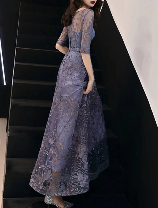 A-Line Evening Gown Elegant Dress Wedding Guest Formal Evening Floor Length Half Sleeve Jewel Neck Tulle with Embroidery Pattern / Print