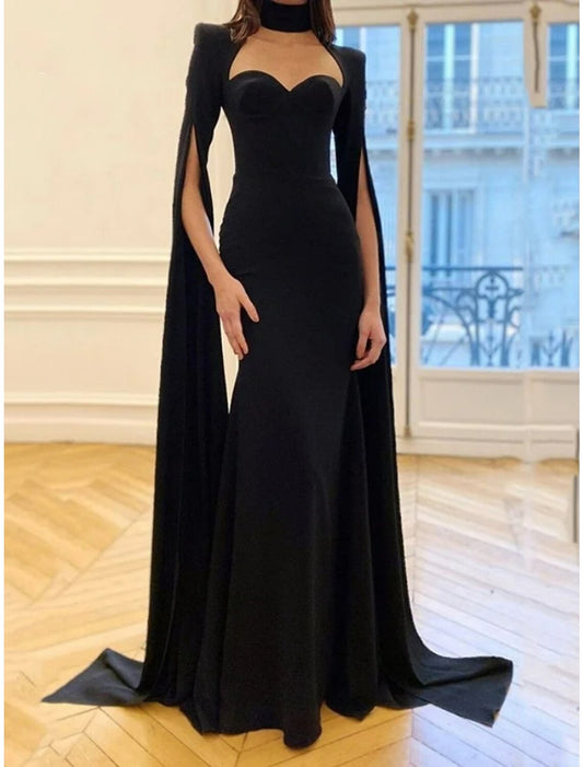 A-Line Evening Gown Elegant Dress Black Dress Formal Sweep / Brush Train Long Sleeve Sweetheart Fabric with Pleats
