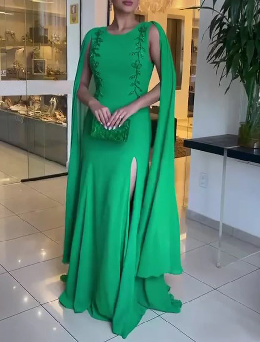 A-Line Evening Gown Elegant Dress Wedding Guest Black Tie Floor Length Long Sleeve Jewel Neck Capes Chiffon with Appliques