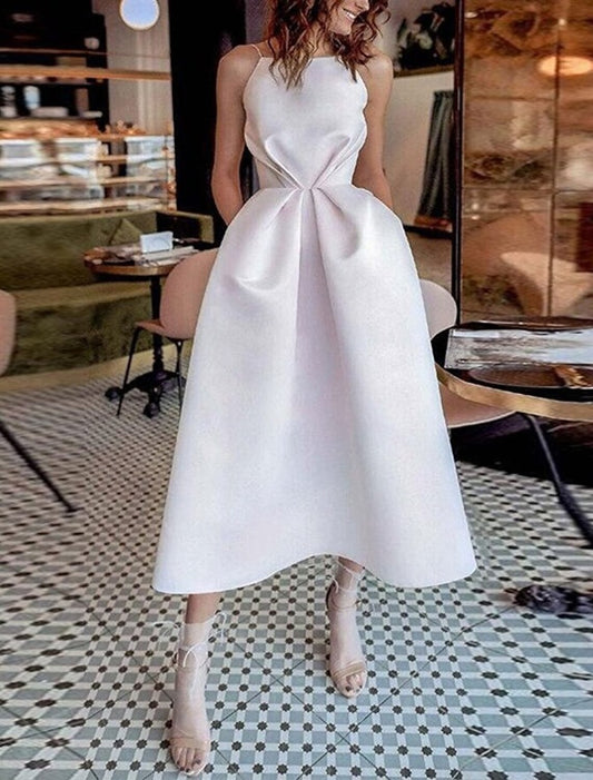 A-Line Cocktail Dresses Beautiful Back Dress Wedding Guest Engagement Tea Length Short Sleeve Spaghetti Strap Satin with Strappy