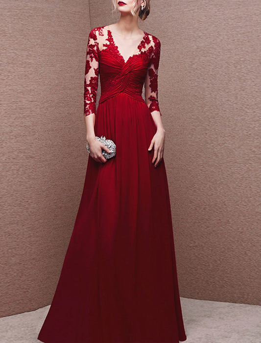 A-Line Evening Gown Party Dress Elegant Dress Formal Wedding Guest Floor Length 3/4 Length Sleeve V Neck Chiffon with Buttons Ruched Appliques 2026