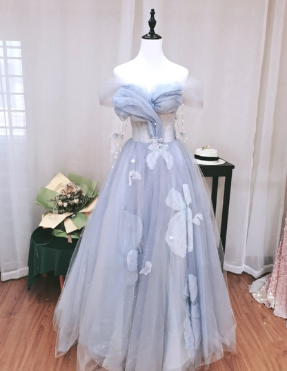 Dreamy Light Blue Butterfly Off-Shoulder Tulle Floor Length Ball Gown Evening Dresses