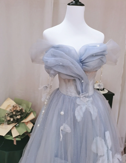 Dreamy Light Blue Butterfly Off-Shoulder Tulle Floor Length Ball Gown Evening Dresses