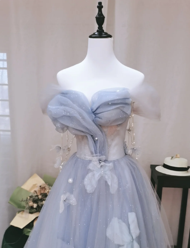 Dreamy Light Blue Butterfly Off-Shoulder Tulle Floor Length Ball Gown Evening Dresses