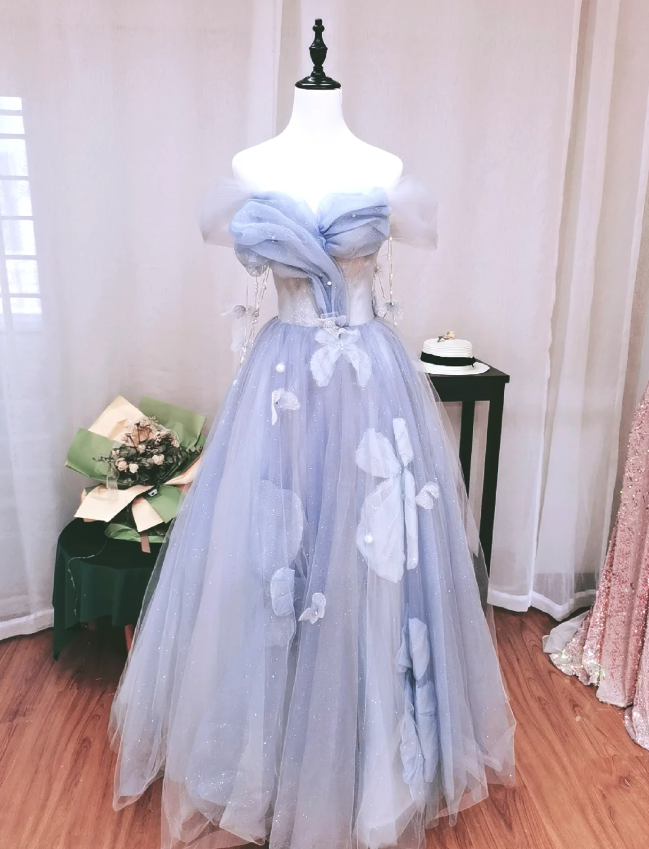Dreamy Light Blue Butterfly Off-Shoulder Tulle Floor Length Ball Gown Evening Dresses