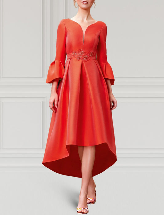 A-Line Cocktail Dresses Elegant Dress Formal Wedding Guest Asymmetrical 3/4 Length Sleeve V Neck Satin with Pleats 2026