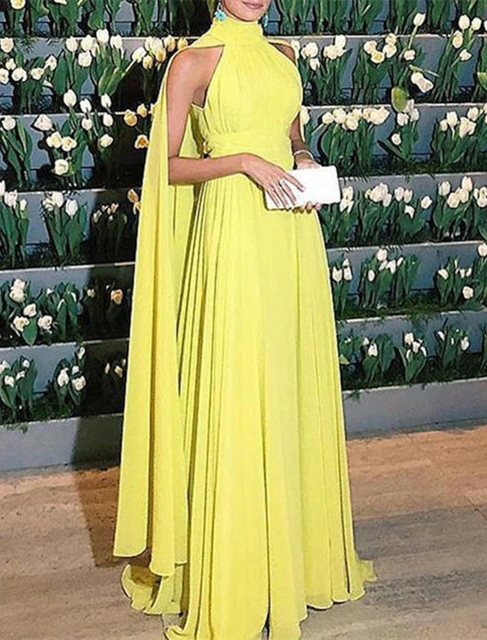 A-Line Evening Gown Elegant Dress Formal Wedding Guest Floor Length Sleeveless High Neck Capes Chiffon with Ruched
