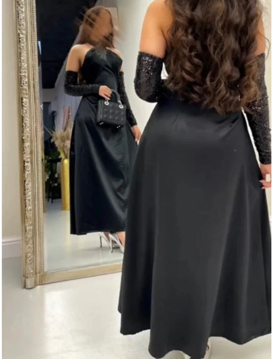 A-Line Evening Gown Elegant Dress Formal Ankle Length Black Dress Sleeveless Halter Neck Satin with Pleats Ruched