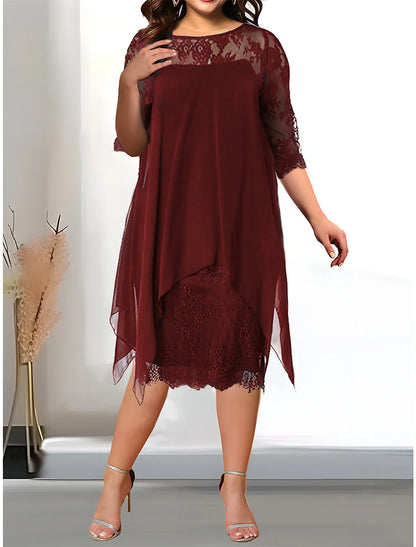 Women's Plus Size Curve Party Dress Solid Color Crew Neck Lace 3/4 Length Sleeve Spring Summer Casual Prom Dress Midi Dress Party Work Dress Lace Dress Homecoming Dress