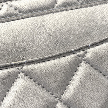 Metallic Lambskin Quilted Clutch With Chain Silver