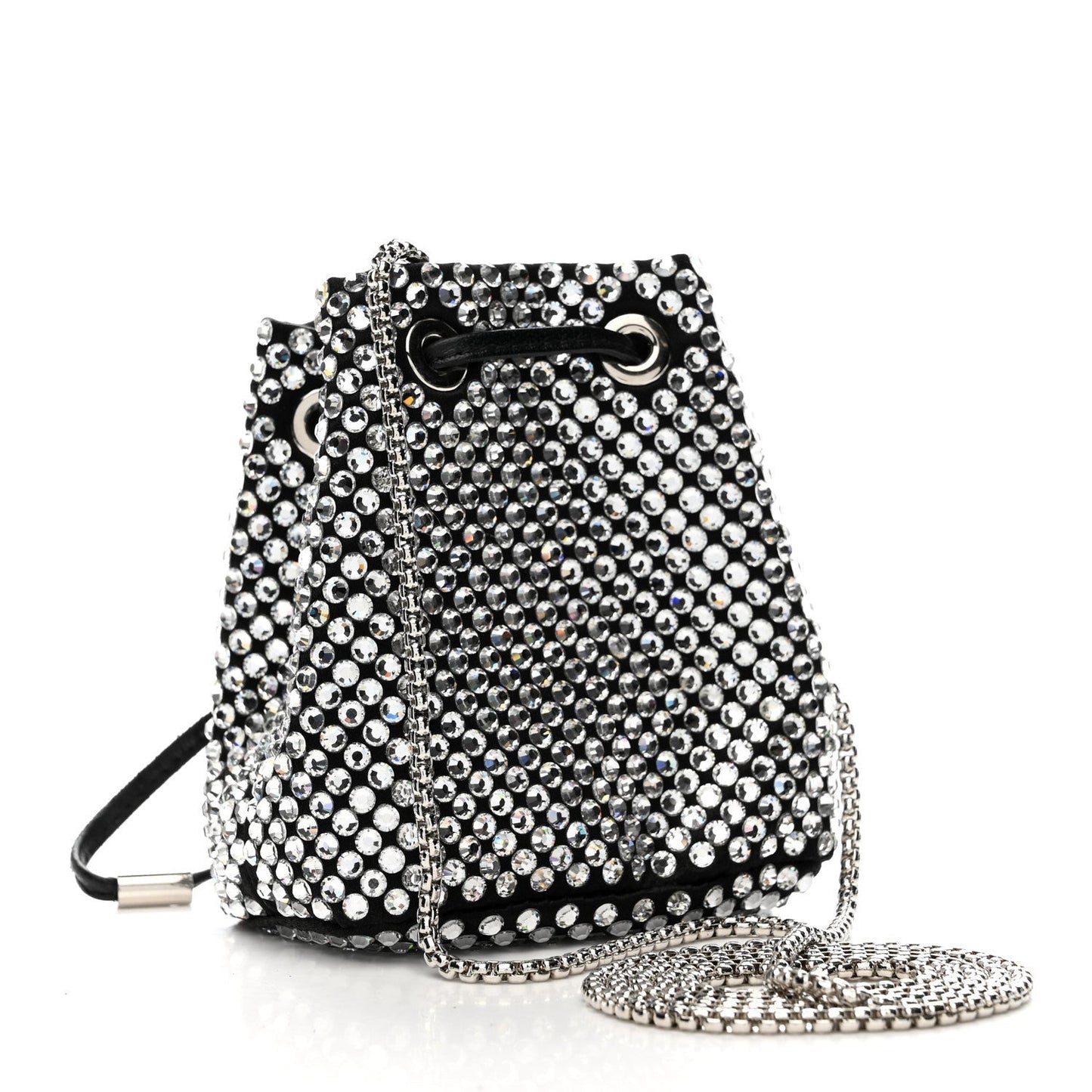 Satin Crystal Metal Triangle Logo Mini Drawcord Pouch Shoulder Bag Cristal