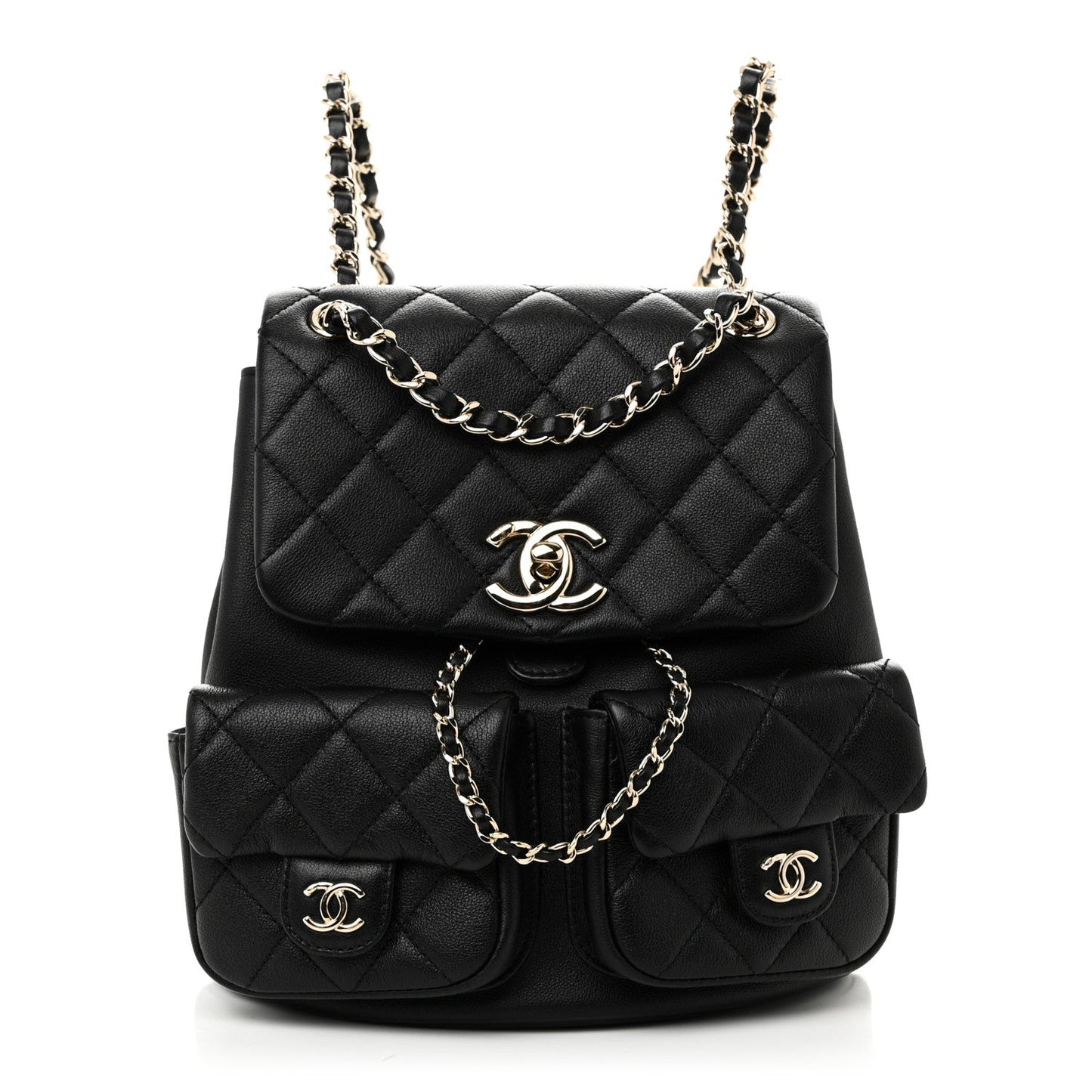 Calfskin Quilted Medium Duma Pockets Drawstring Backpack Black