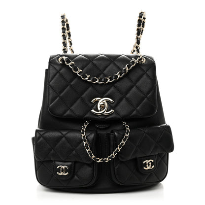 Calfskin Quilted Medium Duma Pockets Drawstring Backpack Black