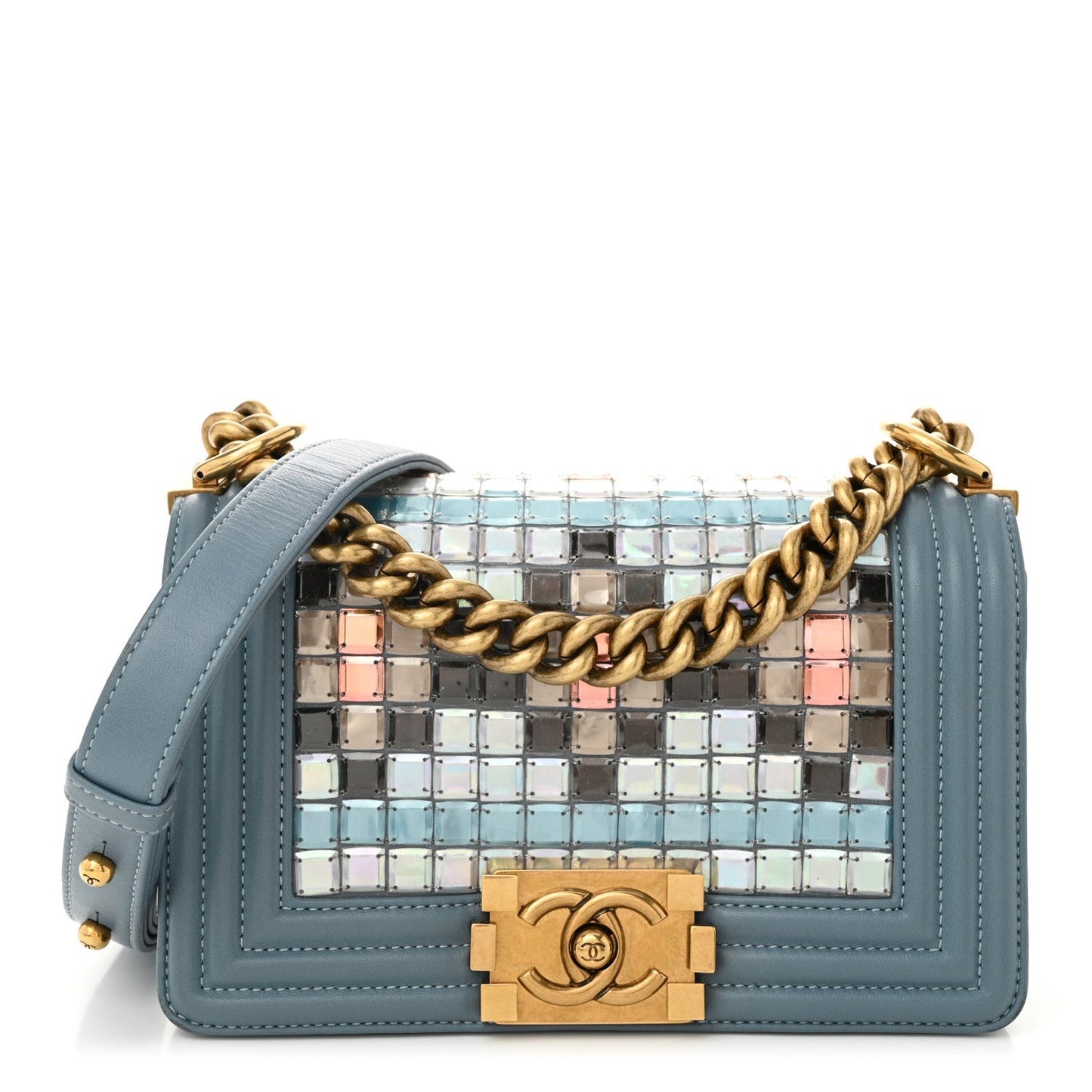 Lambskin Tile Embroidered Small Brasserie Mosaic Boy Flap Blue Multicolor