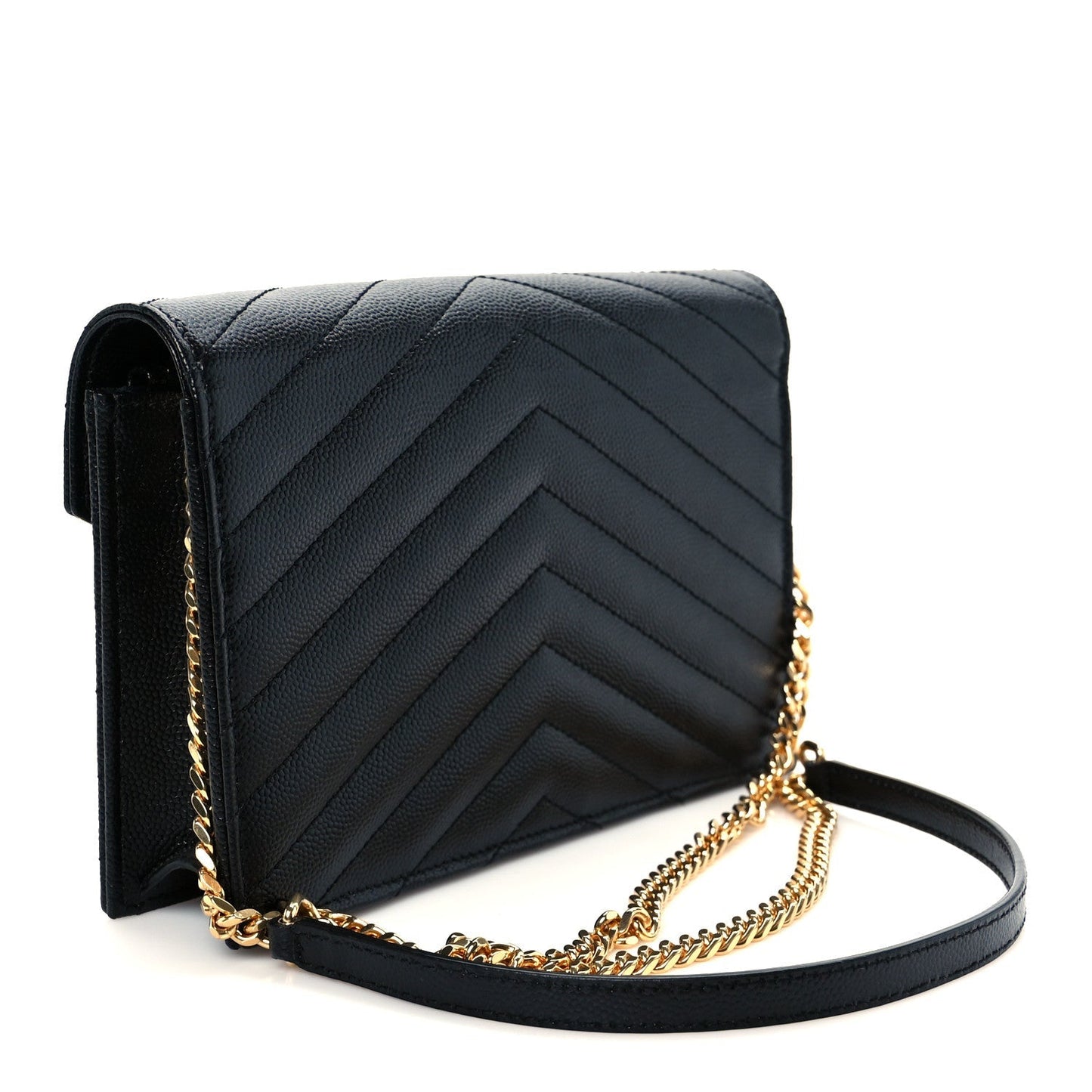 Grain De Poudre Matelasse Chevron Monogram Envelope Chain Wallet Black