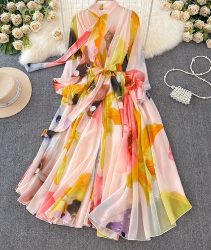 French elegant dress spring dress with bow tie collar slim fit long swing chiffon holiday dress R0351