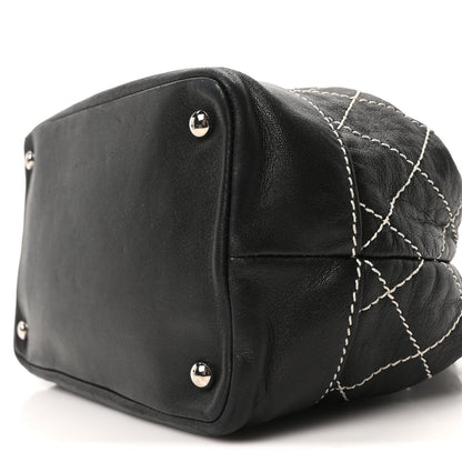 Calfskin Contrast Stitch Surpique Bucket Bag Black