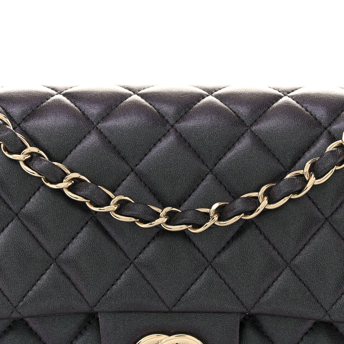 Iridescent Lambskin Quilted Medium Double Flap Black
