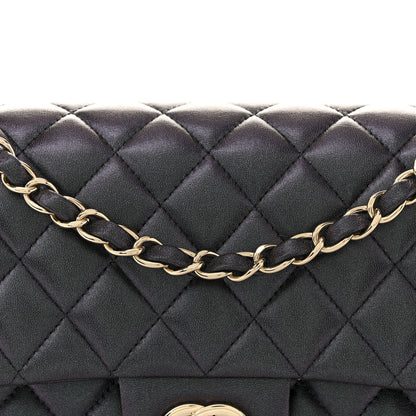 Iridescent Lambskin Quilted Medium Double Flap Black