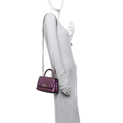 Iridescent Caviar Quilted Extra Mini Coco Handle Flap Purple