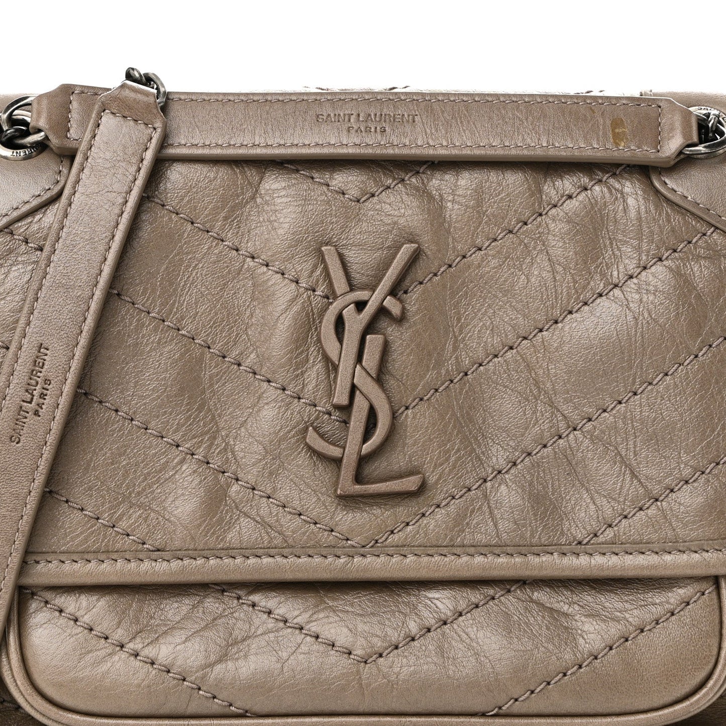 Crinkled Calfskin Matelasse Monogram Baby Niki Chain Satchel Light Taupe