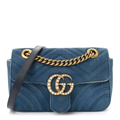 Denim Matelasse Mini Pearly GG Marmont Shoulder Bag Blue
