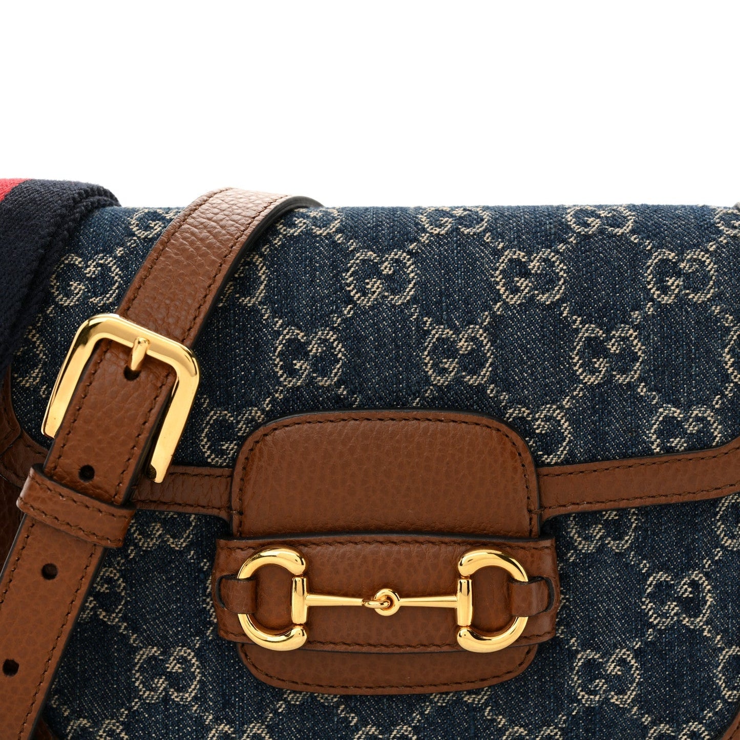 New Denim GG Monogram Dollar Calfskin Web Mini Horsebit 1955 Shoulder Bag Blue Tea Cuir Epilog
