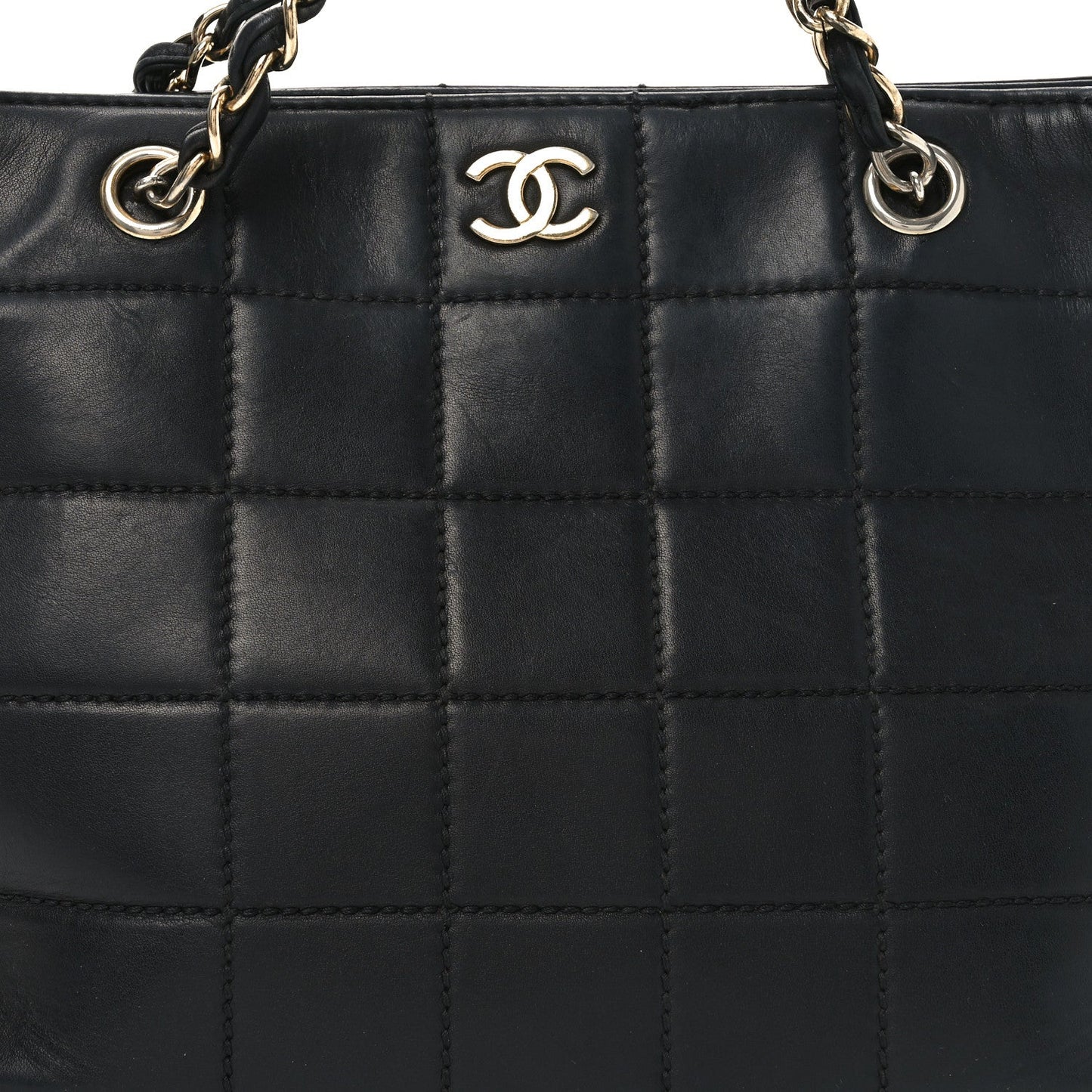 Calfskin Stitched Chocolate Bar Shopping Tote Black
