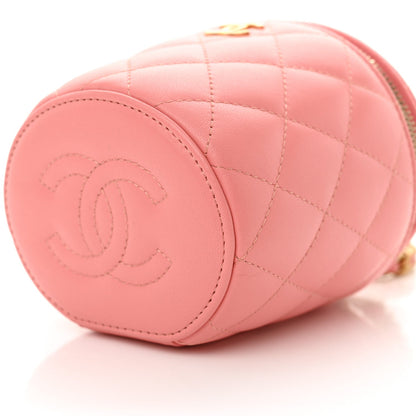 Lambskin Quilted Afternoon Tea Top Handle Vanity Case With Chain Light Pink