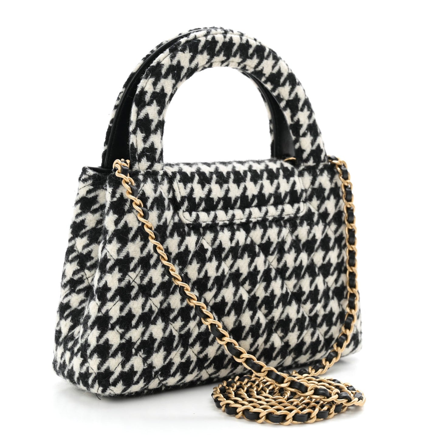 Tweed Houndstooth Quilted Nano Kelly Shopper Black White