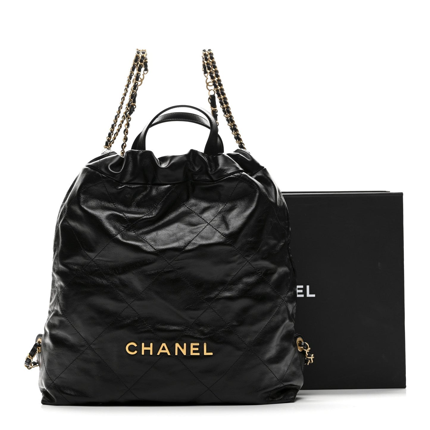 Shiny Calfskin Quilted Chanel 22 Backpack Black