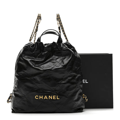 Shiny Calfskin Quilted Chanel 22 Backpack Black