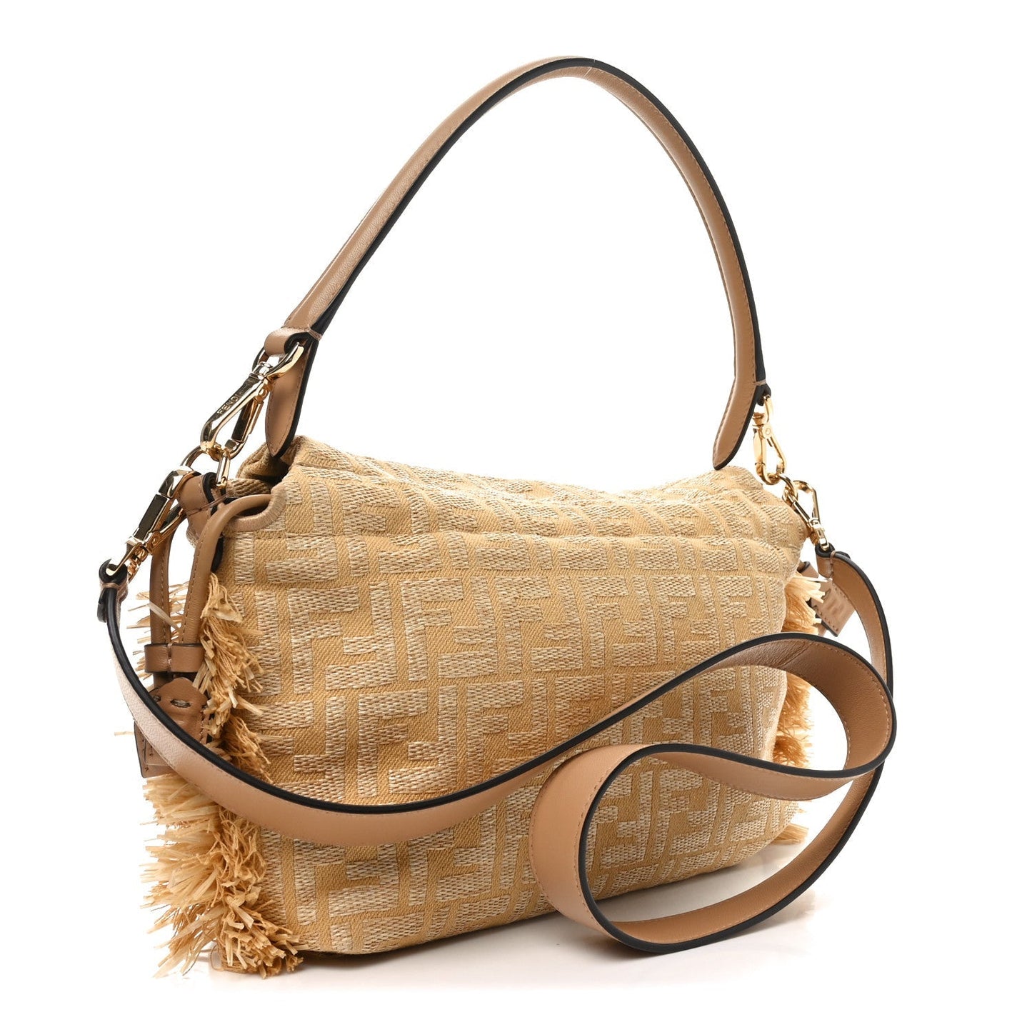 Fabric Jacquard Raffia Straw Fringe Medium Mamma Baguette Beige
