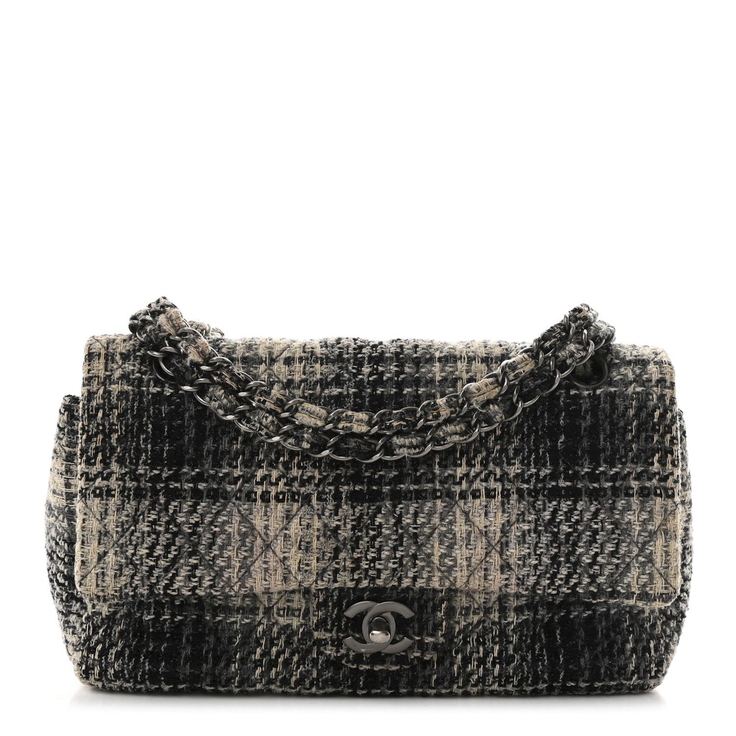 Tweed Quilted Medium Double Flap Beige White Black