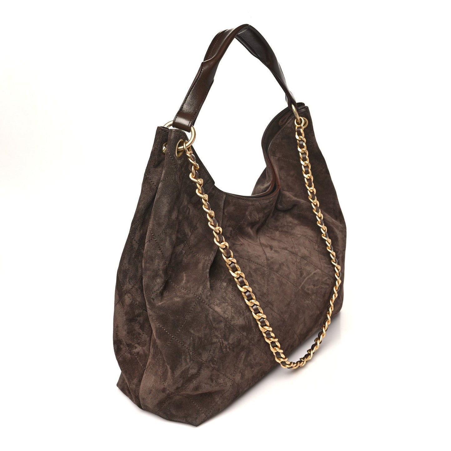 Suede Calfskin Lambskin Quilted Maxi Hobo Dark Brown