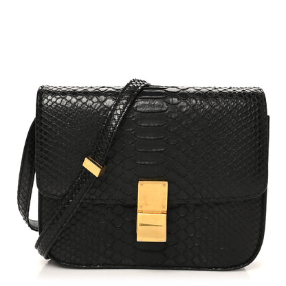Snakeskin Medium Classic Box Flap Bag Black